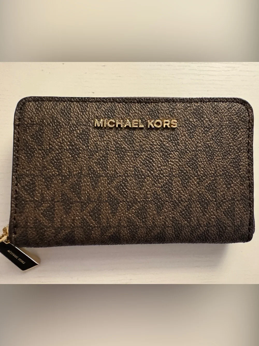 MICHAEL KORS Brown and Dark Brown Signature Zip Card Holder with Gold Hardware